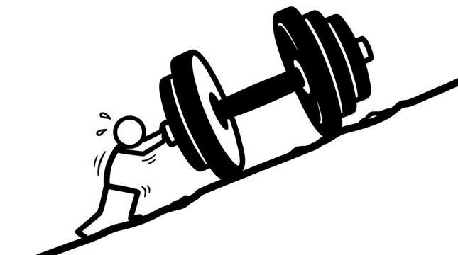 Minimalist stick figure pushing heavy barbell uphill, conceptual illustration of struggle and persistence, black and white line art of overcoming obstacles