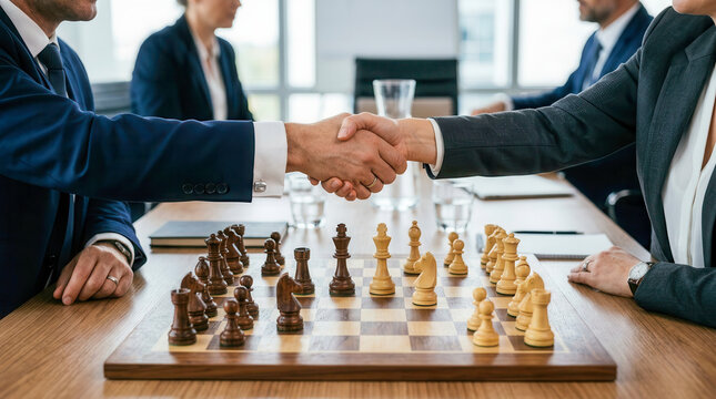 Two men in suits shake hands over a wooden chessboard in a corporate office meeting. Business strategy, corporate partnership, professional success.