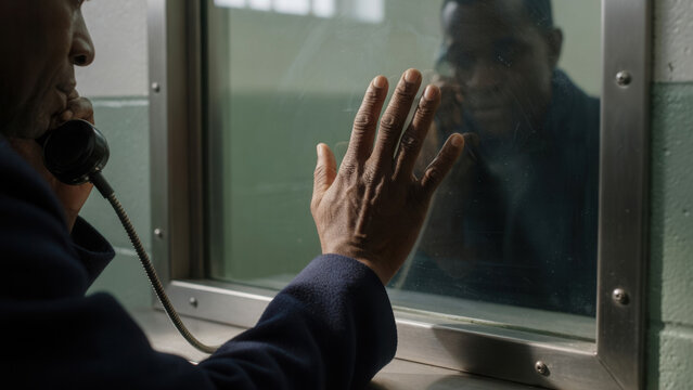 Hand touching prison glass window during visitation call, inmate separation and legal justice