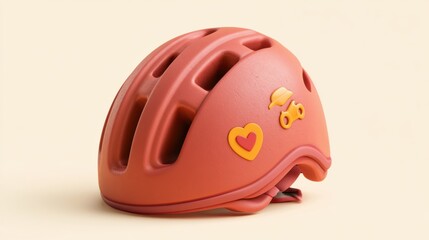 Fototapeta premium A 3d render shows a helmet with a heart sticker and a safety icon set against a cream backdrop. It emphasizes importance of wearing safety gear.