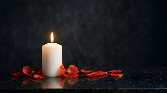 Minimal Memorial Candle on Black Stone Background. burning candle with red rose. Memorial Day, Veterans Day, and national mourning concepts.