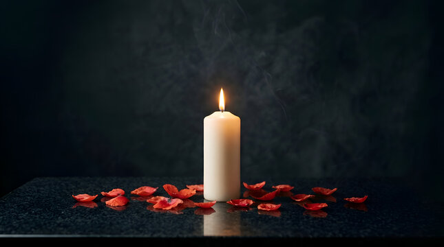 White Candle Memorial for Remembrance Day on Dark Granite Background. Memorial Day, Veterans Day, and national mourning concepts