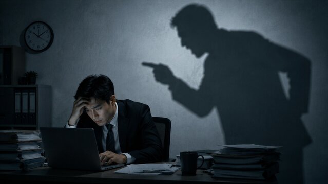 Office worker stressed under looming shadow of supervisor