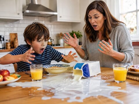 Spilled milk across kitchen breakfast table