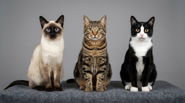 Three diverse domestic cats sitting in a row, group of different cat breeds including Siamese and tabby, studio portrait of feline pets on grey background, variety of furry animals