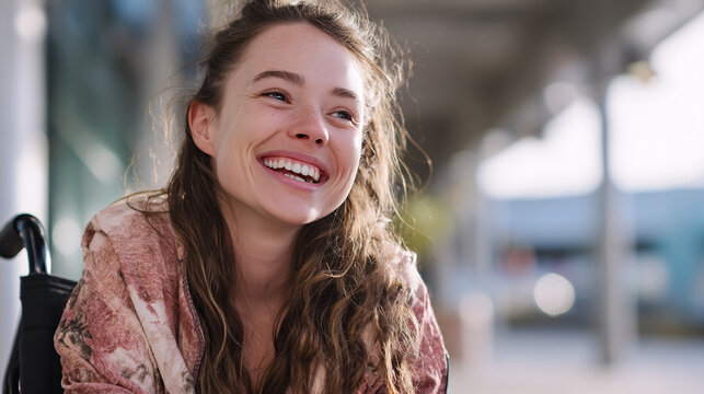 Happy girl with disability sitting in wheelchair, lifestyle.
