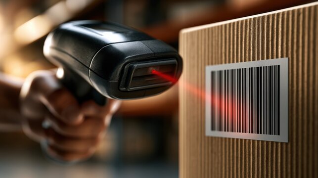 Close-up of a barcode scanner reading a label on a cardboard box in a warehouse setting, emphasizing logistics and inventory management.