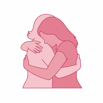 Two women hugging in pink tones