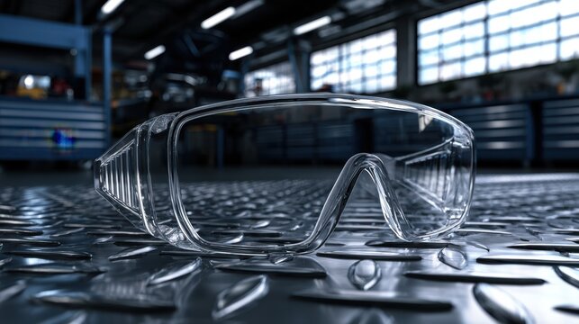 Safety goggles on diamond plate flooring in automotive workshop, highlighting industrial safety and modern equipment.