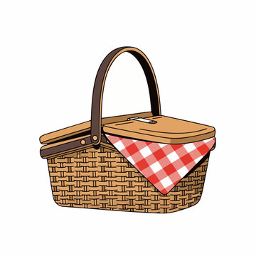 Wicker picnic basket with red gingham cloth