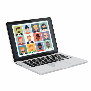 Laptop screen showing diverse people in video conference