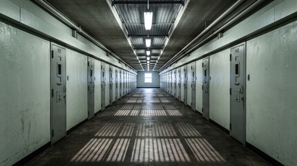 Fototapeta premium Symmetrical view of an empty prison corridor with numbered metal doors and harsh light shadows for incarceration and confinement concept