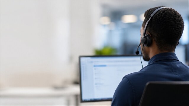 Customer service representative wearing headset at office desk