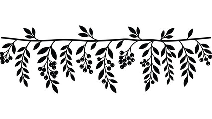 Black autumn berry branch border. Decorative floral garland with leaves and berries. © @ahmedmaynul