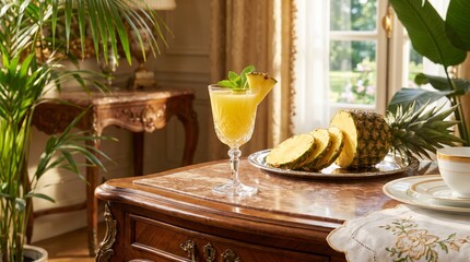 Pineapple juice cocktail with fresh pineapple slices and mint