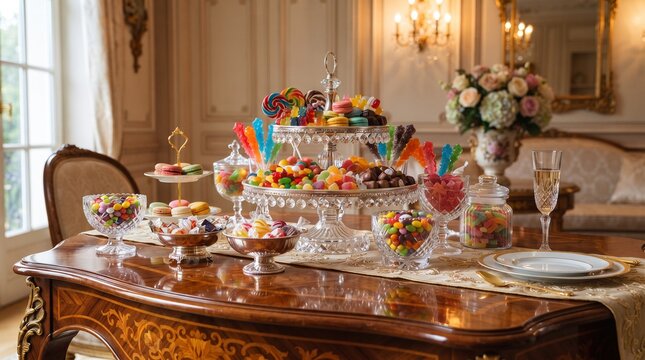 Luxurious candy and macaron dessert display on ornate table