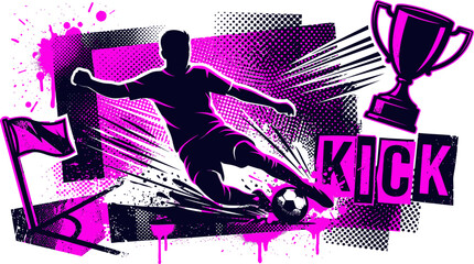Grunge soccer player silhouette kicking ball, purple urban street art football poster, dynamic sports action vector with trophy and kick text © 成 sнıηяα тєηsєı ツ