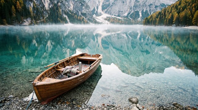 Wooden boat on a misty mountain lake
