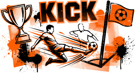 Dynamic soccer player kick vector illustration, orange and black grunge football sports poster, athletic competition trophy and corner flag © 成 sнıηяα тєηsєı ツ