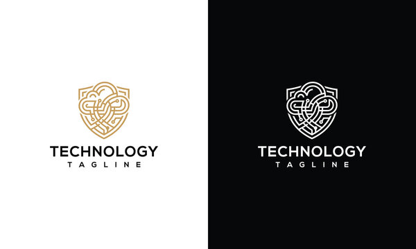 Modern Technology Shield Logo with Abstract Digital Lines