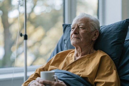 Elderly man resting in hospital bed holding a mug by the window for healthcare elder care and recovery imagery
