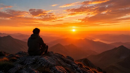 Obraz premium Person sitting observing sunset from rocky mountain peak