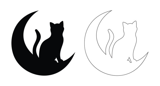 Cat on crescent moon graphic illustrating night sky fantasy art animal pet concept and mystical wildlife for magical branding projects
