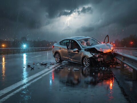 Car accident on wet road during heavy rainstorm with lightning