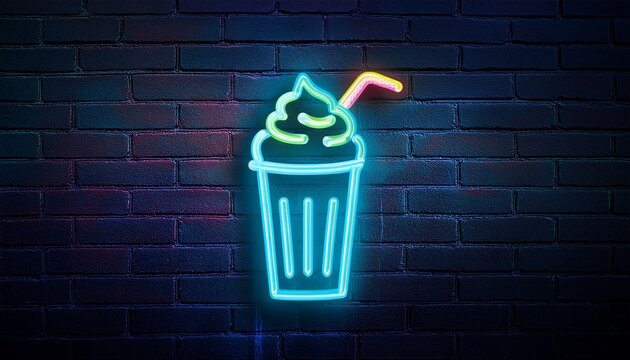neon milkshake sign on a dark brick wall