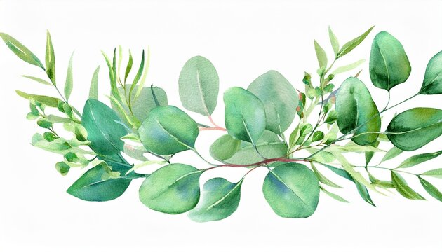 watercolor botanic leaf and buds herbal composition for wedding or greeting card spring border with leaves eucalyptus