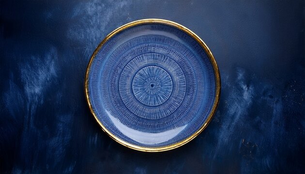 blue ceramic plate with intricate gold rim design