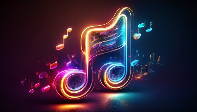 glowing colorful neon music note sign on dark background