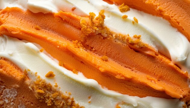 top view of carrot cake ice cream surface a closeup of the carrot cake ice cream texture highlighting its creamy base with pieces of carrot cake and a hint of cinnamon