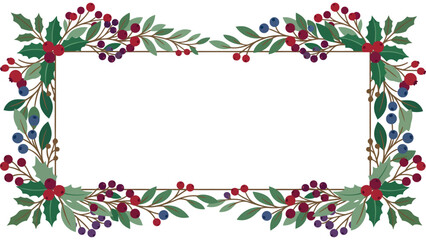 Christmas holly berry frame. Winter floral border with festive leaves and red berries. © @ahmedmaynul