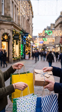 People shopping on a street decorated with festive Christmas lights and garlands