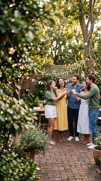 Friends celebrating with champagne toast in a garden party at sunset