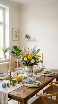 Elegant Dining Table Setting with Fresh Flowers and Candles for a Special Occasion