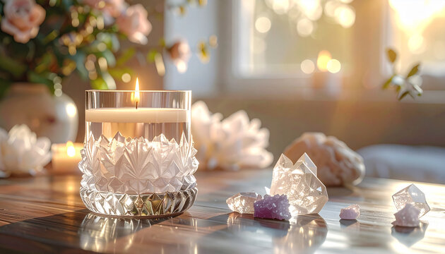 Lit candle in crystal holder with crystals and flowers soft light