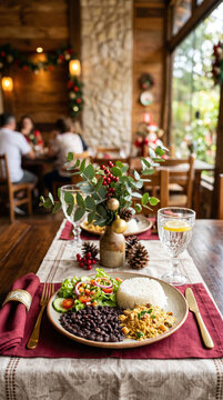 Festive Brazilian Feijoada Meal Set for Christmas Celebration in Cozy Restaurant