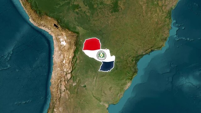 Paraguay map flag animation: satellite view of south american country borders national