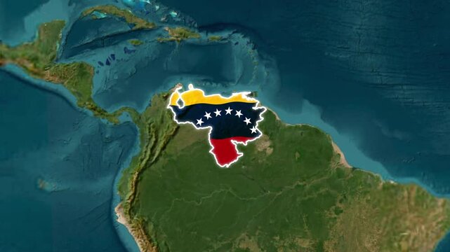 Venezuela country map with national flag animation on satellite globe background, south america
