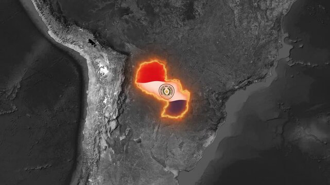 Paraguay map with glowing national flag animation: south american country geography concept