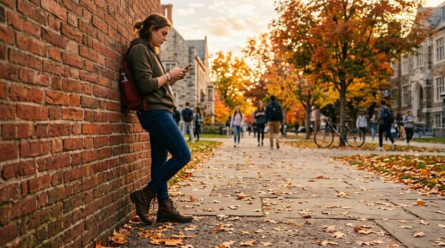Young female student leaning against a brick wall on a college campus in autumn, checking her smartphone with colorful fall foliage and students in the background.