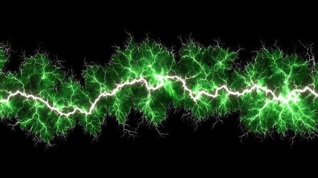 Electric Green Lightning Strike and Plasma Energy Discharge, Abstract Powerful Natural Phenomenon and High Voltage Background
