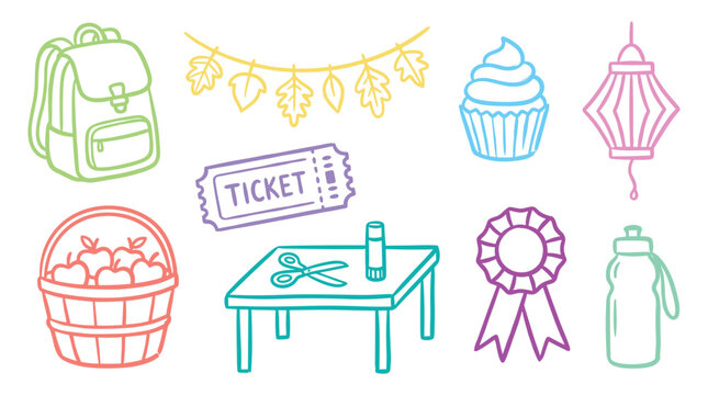 Various colorful doodle illustrations of everyday objects including school supplies, autumn leaves, and celebration party items, ideal for kids.