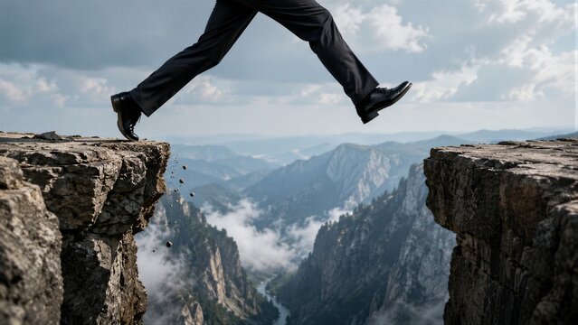 Businessman leaping across mountain gap above canyon