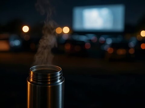 Cozy drive-in cinema nightlife with steaming thermos beverage for outdoor movie entertainment, automotive leisure lifestyle and nostalgia warmth