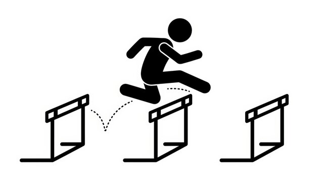Hurdle jumping stick figure icon, athlete overcoming obstacles metaphor, black and white minimalist sports illustration for business success
