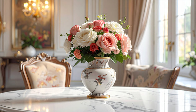 Elegant bouquet of pink and white roses in a vase on a marble table