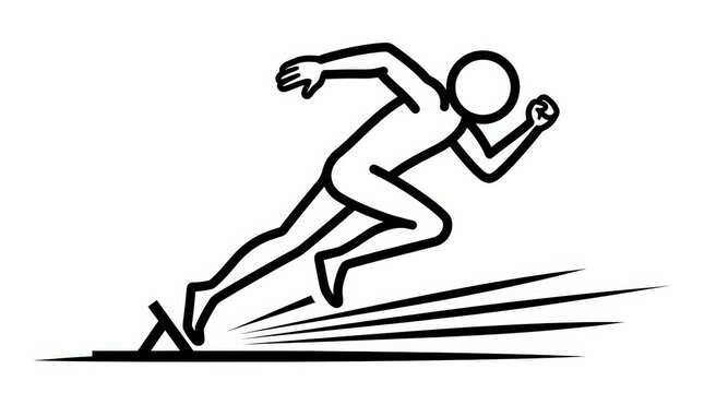 Minimalist runner icon starting a race, black and white sprinter silhouette, athletic track and field athlete symbol for sports competition and speed